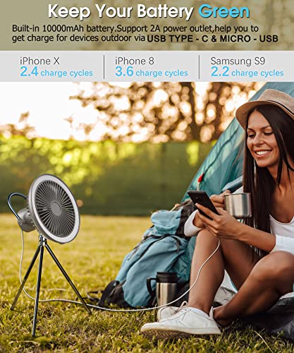 TYZU Camping Fan Personal Fan 10000 mAh Battery Operated, 8 In Portable Fan with LED Lantern, Power Bank, 3 Speeds, Desk Fan Outdoor Fan for Tent Camping Fishing Golf Cart Stroller