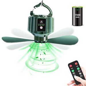 hssio camping fan with led light, 7500mah rechargeable portable ceiling fan with remote control, tent fan with 3-speed adjustable & detachable fan blades for outdoor