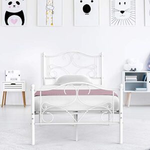 idealhouse twin size bed frame for kids- metal platform curved bed frames with headboard footboard no box spring needed white, 78.7’’l ×39.3’’w ×42.5’’h
