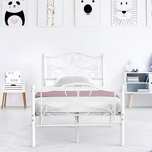 IDEALHOUSE Twin Size Bed Frame for Kids- Metal Platform Curved Bed Frames with Headboard Footboard No Box Spring Needed White, 78.7’’L ×39.3’’W ×42.5’’H