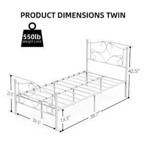 IDEALHOUSE Twin Size Bed Frame for Kids- Metal Platform Curved Bed Frames with Headboard Footboard No Box Spring Needed White, 78.7’’L ×39.3’’W ×42.5’’H