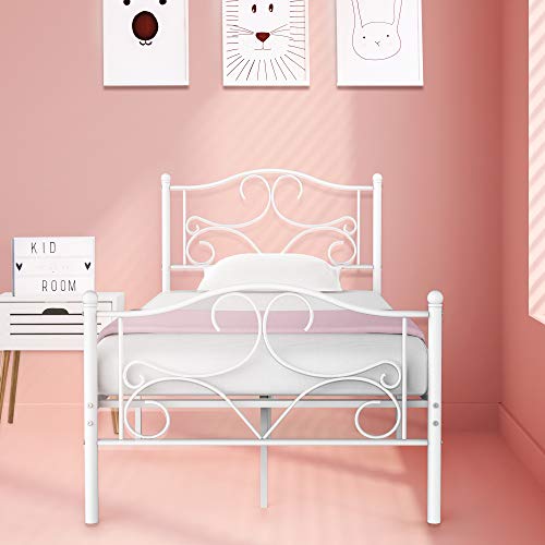 IDEALHOUSE Twin Size Bed Frame for Kids- Metal Platform Curved Bed Frames with Headboard Footboard No Box Spring Needed White, 78.7’’L ×39.3’’W ×42.5’’H