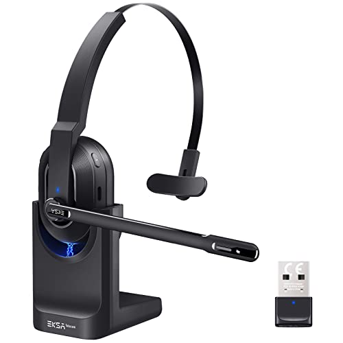 Bluetooth Headset, Wireless Headsets with AI-Powered Environmental Noise Cancelling Microphone(ENC), Fast Charging Base, 45Hrs Bluetooth Headphones with Mute & USB Dongle for PC/Trucker/Work/Phone