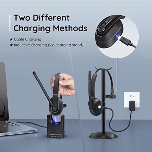 Bluetooth Headset, Wireless Headsets with AI-Powered Environmental Noise Cancelling Microphone(ENC), Fast Charging Base, 45Hrs Bluetooth Headphones with Mute & USB Dongle for PC/Trucker/Work/Phone