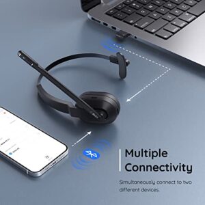 Bluetooth Headset, Wireless Headsets with AI-Powered Environmental Noise Cancelling Microphone(ENC), Fast Charging Base, 45Hrs Bluetooth Headphones with Mute & USB Dongle for PC/Trucker/Work/Phone