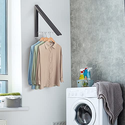 ETiME Closet Hanging Storage Organizer, Wall Mounted Clothes Drying Rack Foldable Laundry Room Accessories Retractable Clothes Rack for Balcony, Bathroom, Patio and Bedroom (Single Rack, Black)