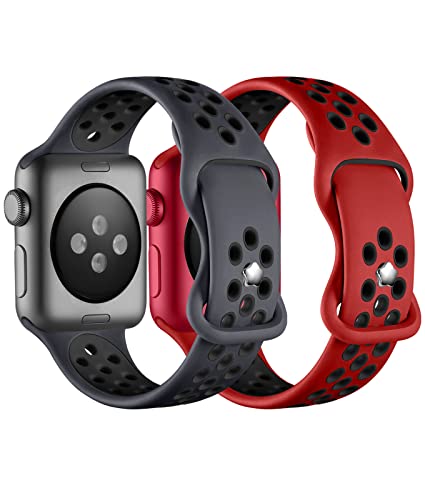 Maledan Sport Bands Compatible with Apple Watch Band 44mm 42mm 45mm 49mm Men Women, Waterproof Silicone Strap Replacement Wristbands for iWatch Series 8 7 6 5 4 3 2 1 SE, Anthracite Black/Red Black