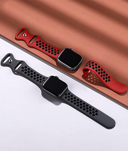 Maledan Sport Bands Compatible with Apple Watch Band 44mm 42mm 45mm 49mm Men Women, Waterproof Silicone Strap Replacement Wristbands for iWatch Series 8 7 6 5 4 3 2 1 SE, Anthracite Black/Red Black