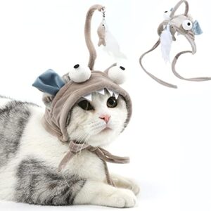 yiduhong head mounted cat headgear interactive self-service adjustable size cat hat feather toy，kawaii design，grey bigeye fish