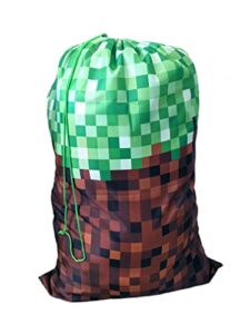 pixel gamer drawstring laundry or gift bag storage video game sack for kids mining craft gamer, 36x24 inches