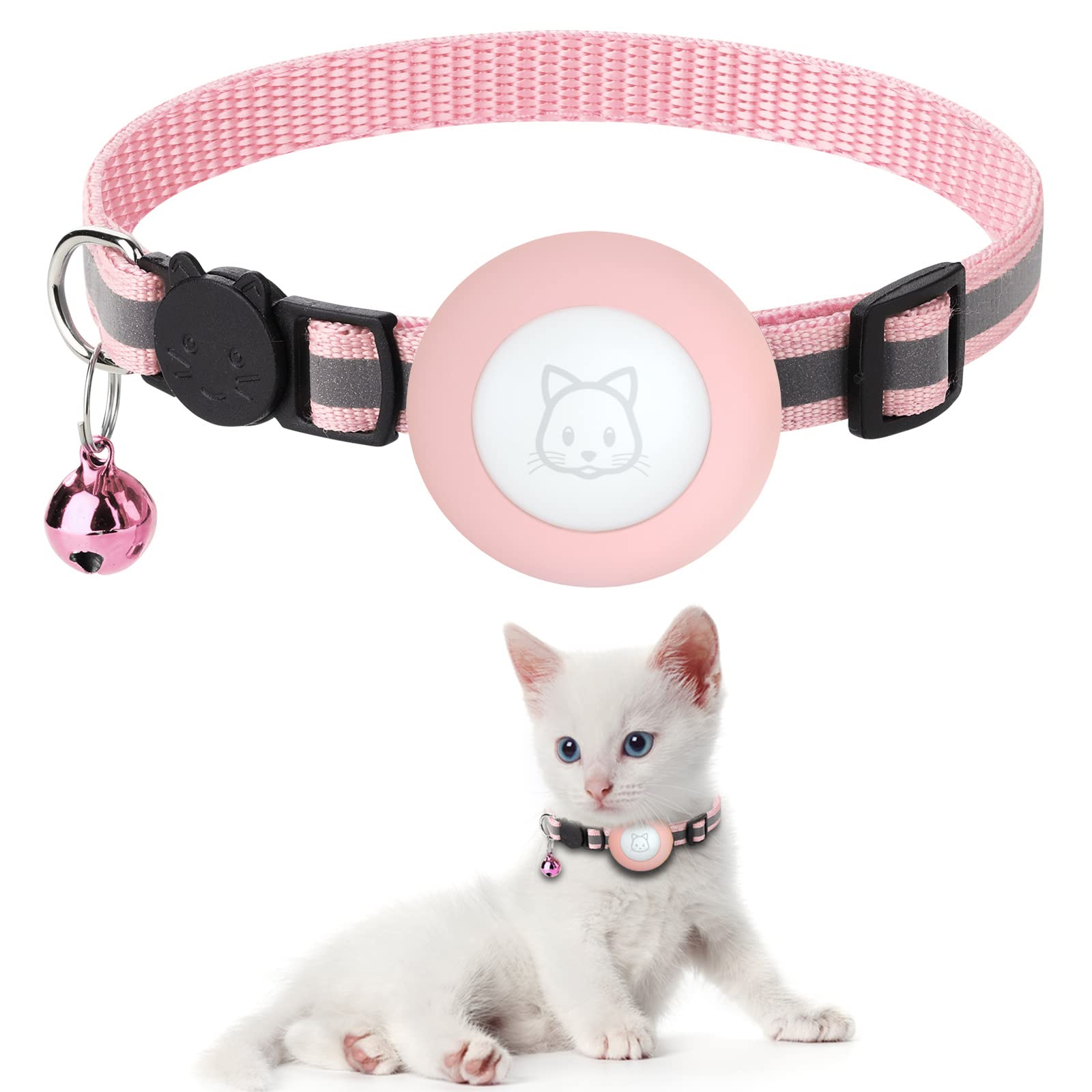 Airtag Cat Collar with Breakaway Bell, Reflective Adjustable Strap with Air Tag Case for Cat Kitten (Pink)