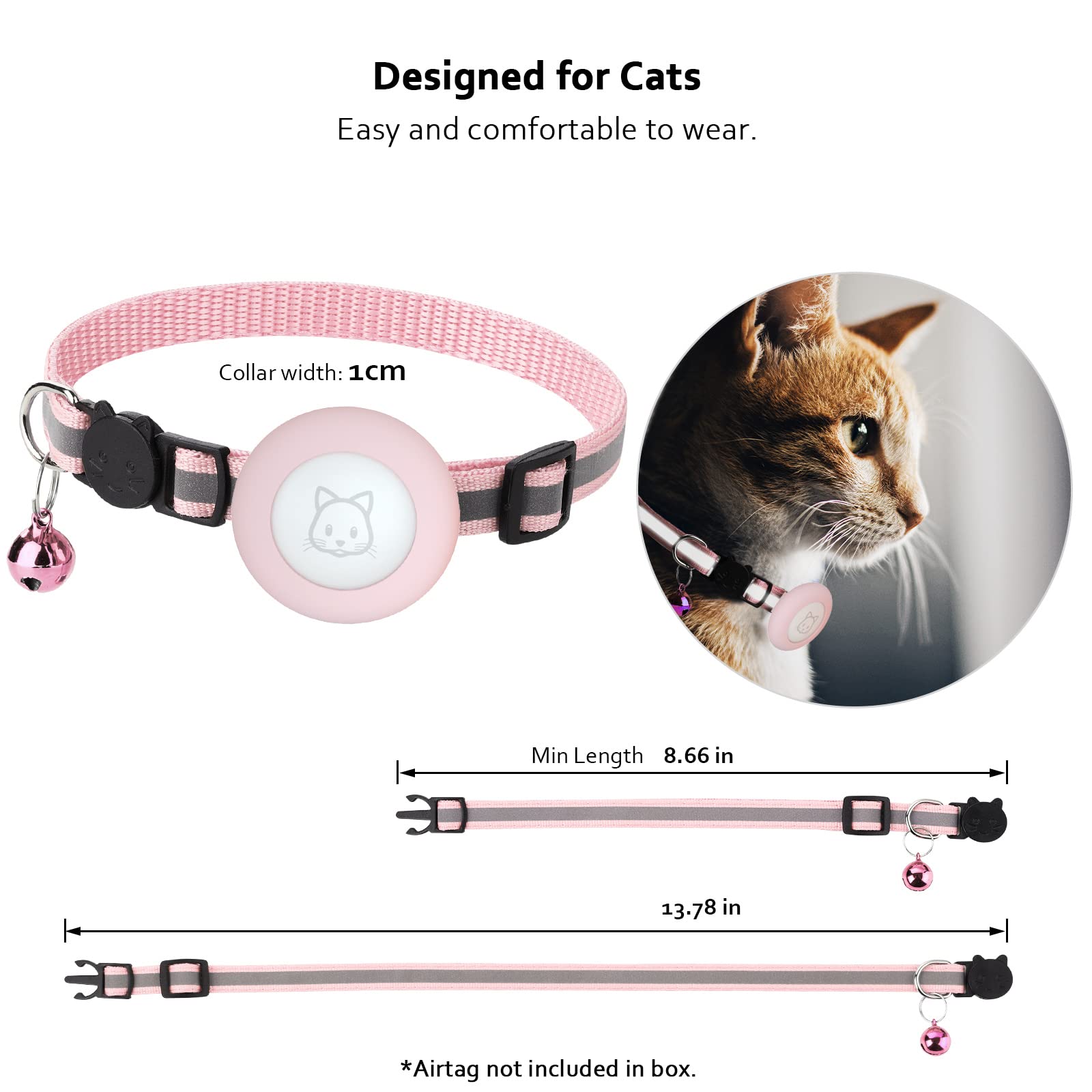 Airtag Cat Collar with Breakaway Bell, Reflective Adjustable Strap with Air Tag Case for Cat Kitten (Pink)