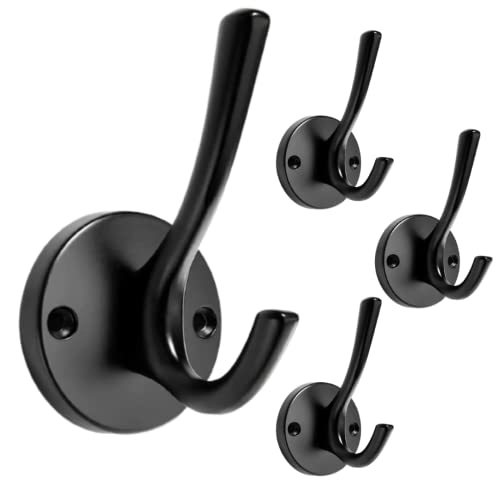 4 Packs Matte Black Coat Hooks, Robe Hook, Decorative Towel Hooks, Heavy Duty Double Prong Wall Hooks, Metal Closet Hooks, Hat Hooks for Hanging for Bathroom, Kitchen and Office