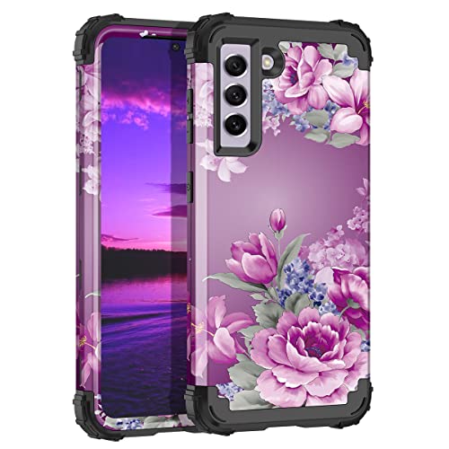 LONTECT for Galaxy S21 FE 5G Case [Not fit S21 5G] Floral Shockproof Heavy Duty 3 in 1 Hybrid Sturdy Protective Cover Case for Samsung Galaxy S21 FE 5G 2022, Purple Flower/Black