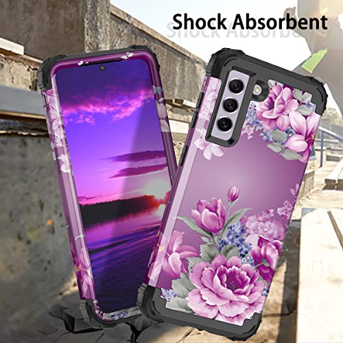 LONTECT for Galaxy S21 FE 5G Case [Not fit S21 5G] Floral Shockproof Heavy Duty 3 in 1 Hybrid Sturdy Protective Cover Case for Samsung Galaxy S21 FE 5G 2022, Purple Flower/Black