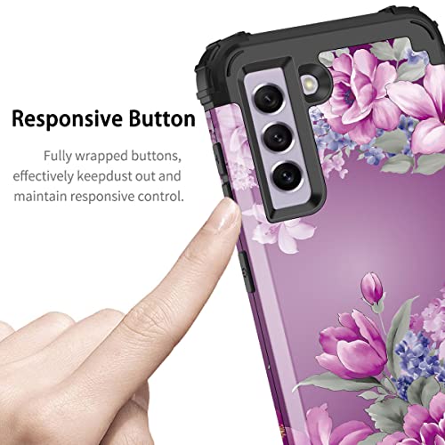 LONTECT for Galaxy S21 FE 5G Case [Not fit S21 5G] Floral Shockproof Heavy Duty 3 in 1 Hybrid Sturdy Protective Cover Case for Samsung Galaxy S21 FE 5G 2022, Purple Flower/Black