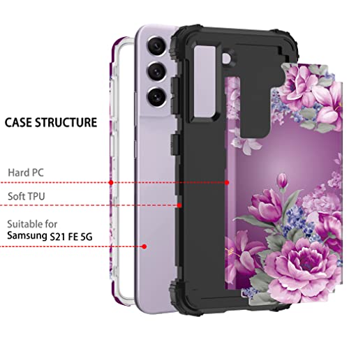 LONTECT for Galaxy S21 FE 5G Case [Not fit S21 5G] Floral Shockproof Heavy Duty 3 in 1 Hybrid Sturdy Protective Cover Case for Samsung Galaxy S21 FE 5G 2022, Purple Flower/Black