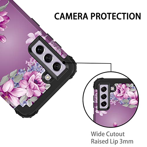 LONTECT for Galaxy S21 FE 5G Case [Not fit S21 5G] Floral Shockproof Heavy Duty 3 in 1 Hybrid Sturdy Protective Cover Case for Samsung Galaxy S21 FE 5G 2022, Purple Flower/Black