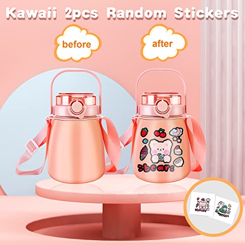 Stainless Steel Insulated Water Bottle,Big Belly Kawaii Leaf Proof 1000ml Cute Trave Cup with Straw,Shoulder Strap,Vacuum Thermos Jug with 2pcs Free Random Stickers for Kids,Adults Christmas Gifts.