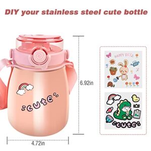 Stainless Steel Insulated Water Bottle,Big Belly Kawaii Leaf Proof 1000ml Cute Trave Cup with Straw,Shoulder Strap,Vacuum Thermos Jug with 2pcs Free Random Stickers for Kids,Adults Christmas Gifts.