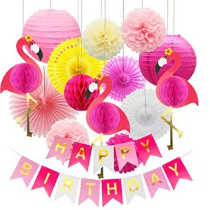 flamingo party beehive decorative set, happy birthday banner with paper lanterns, holiday party supplies, paper fan paper flowers hawaiian beach hawaiian party birthday wedding photo background