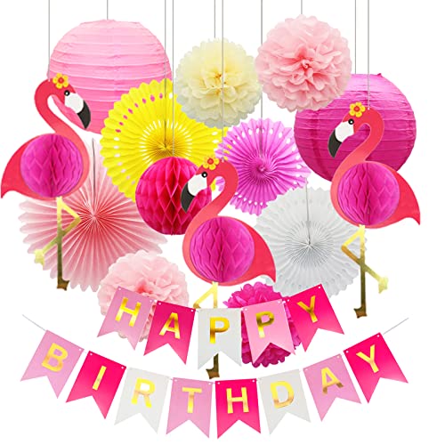 Flamingo party Beehive decorative set, Happy Birthday banner with paper lanterns, holiday party supplies, paper fan paper flowers Hawaiian beach Hawaiian party birthday wedding photo background