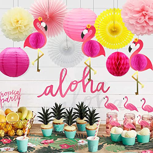 Flamingo party Beehive decorative set, Happy Birthday banner with paper lanterns, holiday party supplies, paper fan paper flowers Hawaiian beach Hawaiian party birthday wedding photo background