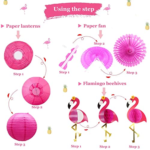 Flamingo party Beehive decorative set, Happy Birthday banner with paper lanterns, holiday party supplies, paper fan paper flowers Hawaiian beach Hawaiian party birthday wedding photo background