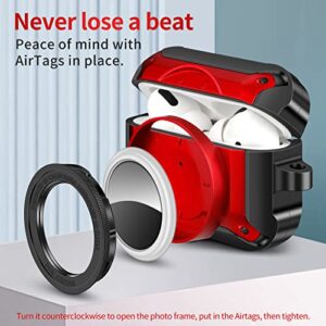 for AirPods Pro Case AirTag Case, Camera Design AirPods Pro Hard Cases for Women Men with Keychain, Shockproof Military Protective Cover Wireless Charging for Apple AirPods Pro-Red