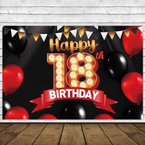Happy 18th Birthday Black Banner Decorations Gold Backdrop Red and Black Balloons Theme Decor for Girls Women Princess 18 Years Old Birthday Party Supplies Photo Booth Props Background Favors Glitter