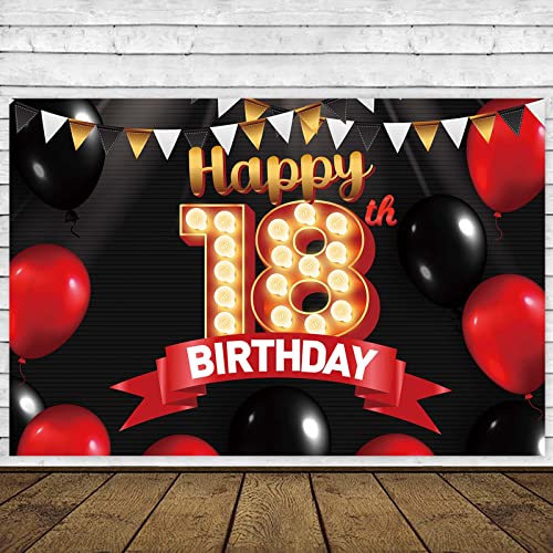 Happy 18th Birthday Black Banner Decorations Gold Backdrop Red and Black Balloons Theme Decor for Girls Women Princess 18 Years Old Birthday Party Supplies Photo Booth Props Background Favors Glitter