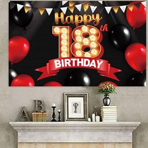 Happy 18th Birthday Black Banner Decorations Gold Backdrop Red and Black Balloons Theme Decor for Girls Women Princess 18 Years Old Birthday Party Supplies Photo Booth Props Background Favors Glitter