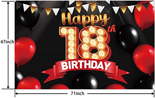 Happy 18th Birthday Black Banner Decorations Gold Backdrop Red and Black Balloons Theme Decor for Girls Women Princess 18 Years Old Birthday Party Supplies Photo Booth Props Background Favors Glitter
