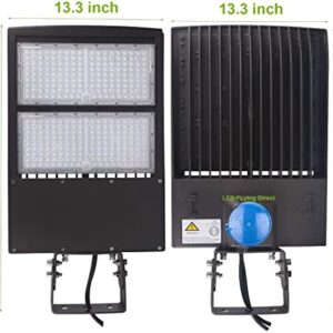 300W LED Shoebox Parking Lot Lights with Dusk to Dawn Photocell Sensor, Surge Protection Built-in, 1-10V Dimmable, 5000K Cool White, 100-277V AC IP65 DLC UL Listed, Yoke/Trunnion/Wall Mount Bracket