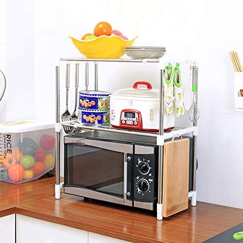 JF-XUAN Kitchen Shelf Microwave Oven Rack Multifunctional 2-layer Microwave Oven Rack Kitchen Rack Adjustable Stainless Steel Storage Rack With Hook Large Microwave Oven Rack (Color : Silver, Size