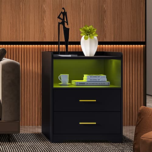 dnbss Black Nightstand with Charging Station, Night Stands with 24-Color RGB LED Lights, Smart Nightstand Black Bedside Table with Drawers, Modern Side Tables Bedroom