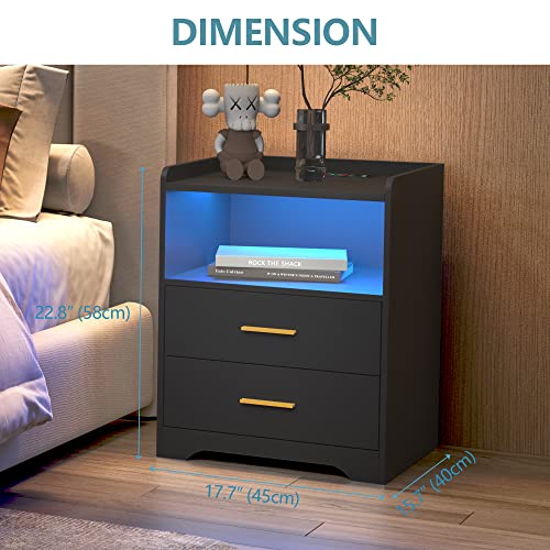 dnbss Black Nightstand with Charging Station, Night Stands with 24-Color RGB LED Lights, Smart Nightstand Black Bedside Table with Drawers, Modern Side Tables Bedroom