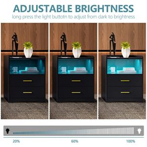 dnbss Black Nightstand with Charging Station, Night Stands with 24-Color RGB LED Lights, Smart Nightstand Black Bedside Table with Drawers, Modern Side Tables Bedroom