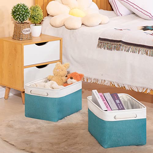 Bliecamile Fabric Baskets for Storage,Collapsible Storage Baskets for Shelves,Fabric Storage Basket,Foldable Storage Basket for Organizing with Handles for Closet,Office(15×11×9.5-3 Pack,White&Teal)