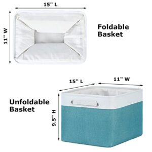 Bliecamile Fabric Baskets for Storage,Collapsible Storage Baskets for Shelves,Fabric Storage Basket,Foldable Storage Basket for Organizing with Handles for Closet,Office(15×11×9.5-3 Pack,White&Teal)