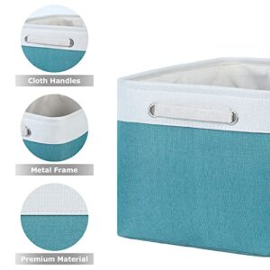 Bliecamile Fabric Baskets for Storage,Collapsible Storage Baskets for Shelves,Fabric Storage Basket,Foldable Storage Basket for Organizing with Handles for Closet,Office(15×11×9.5-3 Pack,White&Teal)