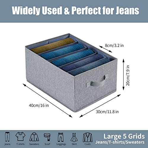 Clothes Organizer with Larger Grid (3.2"W), Foldable Wardrobe Clothes Organizer with Handles & Removable PP Board, Fabric 5 Grids Drawer Organizers for Clothing Jeans Underwear Pants Socks (2 Pack)