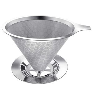 pour over coffee dripper, fine mesh double layer coffee maker stainless steel coffee filter, slow drip reusable metal cone coffee filter
