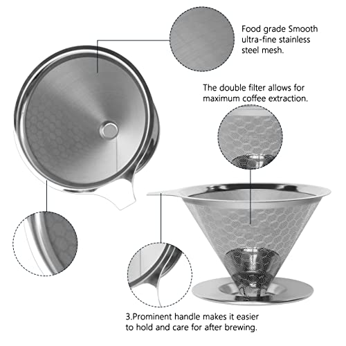 Pour Over Coffee Dripper, Fine Mesh Double Layer Coffee Maker Stainless Steel Coffee Filter, Slow Drip Reusable Metal Cone Coffee Filter