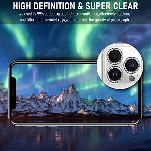 Suoman 3-Pack Camera Cover Circle Tempered Glass for iPhone 13 Pro Max/iPhone 13 Pro Lens Protector, for iPhone 13 Pro 6.1 inch / 13 Pro Max 6.7 inch [ Flash Diamonds ] - Silver