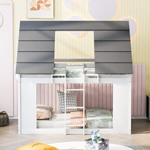 meritline house bed bunk beds twin over twin wood bunk beds with roof for kids girls boys, white