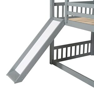 House Bunk Bed with Slide, Twin Over Twin Bunk Bed with Convertible Slide and Ladder, Floor Bunk Bed Frame, Converts into 2 Separate Platform Beds, No Box Spring Needed (Twin, Gray)