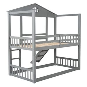 House Bunk Bed with Slide, Twin Over Twin Bunk Bed with Convertible Slide and Ladder, Floor Bunk Bed Frame, Converts into 2 Separate Platform Beds, No Box Spring Needed (Twin, Gray)