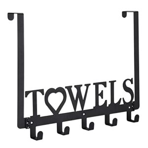 weekseight over the door towel rack, metal bath towel holder hanger for bathroom bedroom door hanging towels bathrobe robe, towel hooks for bathrooms (5 towel hooks, black)