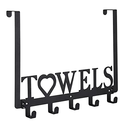 WeeksEight Over The Door Towel Rack, Metal Bath Towel Holder Hanger for Bathroom Bedroom Door Hanging Towels Bathrobe Robe, Towel Hooks for Bathrooms (5 Towel Hooks, Black)